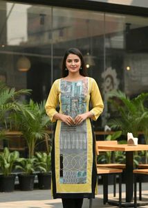 Yellow & Grey Print Kurti