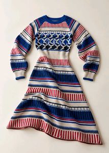 BLUE RED & WHITE GEOMETRIC KNIT DRESS