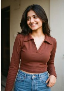 Collared Long Sleeve Cropped Top
