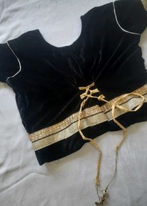 Elegant Black Velvet Blouse &amp; Beige Net Lehenga