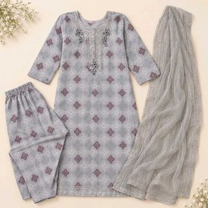 Elegant Grey Printed Kurta Set with Dupatta
