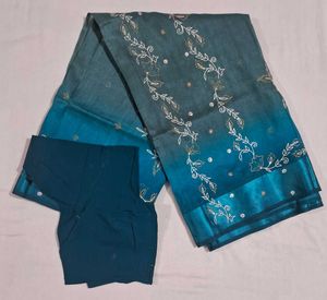 Elegant Teal Ombre Saree with Floral Embroidery