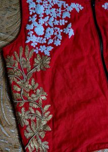 Red Embroidered Zipper Crop Top