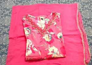 Vibrant Pink Floral Kurta with Dupatta