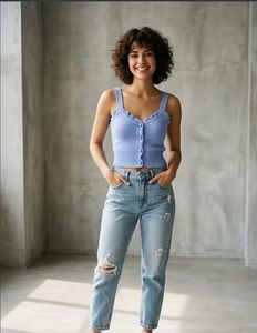 Blue Ribbed Button-Up Crop Top