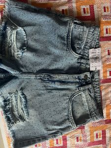 Ripped Denim Shorts with Rhinestones