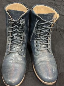 Blue Croc Embossed Lace-Up Boots