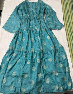 Teal Ethnic Gown/Dress with Gold Print