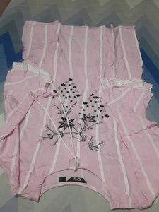 Pink Striped Kurta with White Pants Set