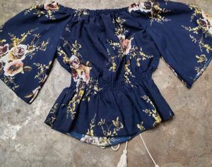 Navy Blue Floral Off-Shoulder Top