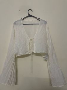 White Tie-Front Bell Sleeve Crop Top