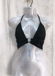 Chic Black Halter Neck Ring Detail Bikini Top