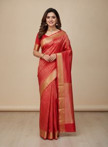 Vibrant Red Saree with Golden Border