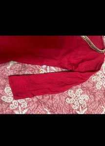 Red Kurta with Embellished Neckline