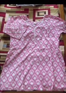 Pink Printed Cotton Kurta with Lace Detail