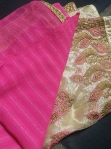 Pink &amp; Cream Embroidered Saree – No Blouse Include