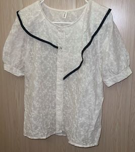 Korean White Embroidered Puff Sleeve Blouse