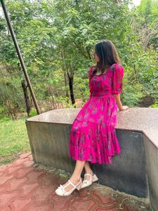 Fuchsia Floral Tiered Smocked Midi Dress