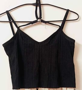Ribbed V neck Black Crop Top