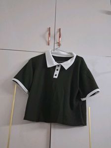 Dark Green Collared Crop Top