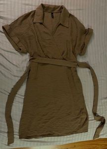 Beige Tan BodyHug Wrap Dress
