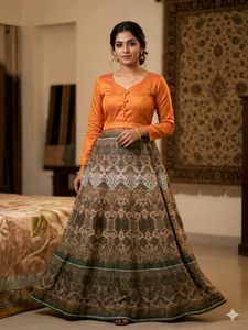 Elegant Orange & Brown Printed Lehenga Choli