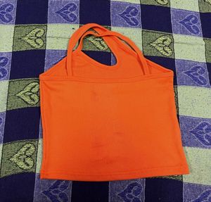 Orange Ribbed Halter Neck Crop Top