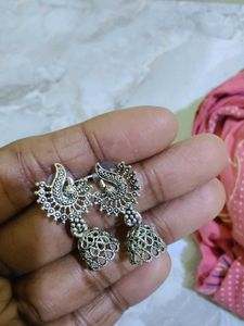 Oxidized Silver Peacock Jhumka Earrings