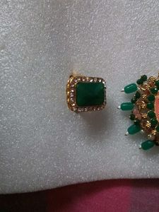 Green Stone &amp; Pearl Jhumka Set