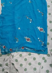 Blue Saree with Floral Embroidery