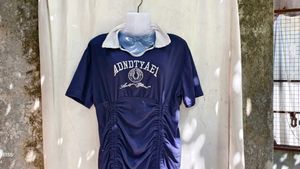 13279. Navy Blue Ruched Drawstring Dress