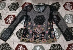 Embellished Black Sheer Top