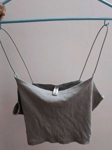 H&amp;M Grey Ribbed Spaghetti Crop Top