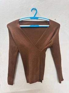 Brown Ribbed V-Neck Wrap Top