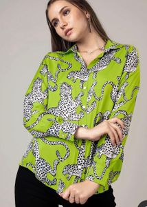 Lime Green Leopard Print Button-Up Shirt