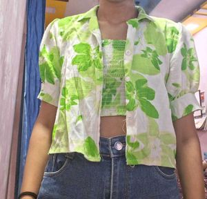 Green Floral Print Shirt & Tube Top Set