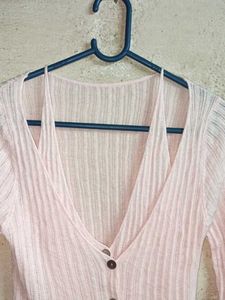 Light Pink Ribbed Button-Up Cardigan