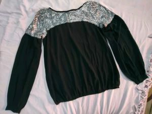 Sequin Shoulder Long Sleeve Top