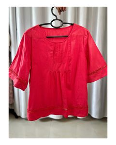Vibrant Red Cotton Kurti with Lace Detail