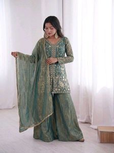 Elegant Green Embroidered Kurta Sharara Set