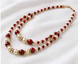 Elegant Pearl &amp; Red Beaded Necklace