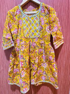 Girls Orange Printed Kurta with Sharara