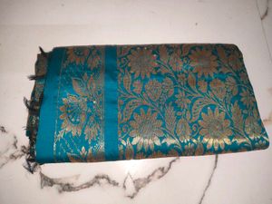 Teal Silk Saree with Gold Peacock Border