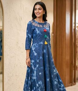 Denim Blue Tie-Dye Maxi Dress with Tassels