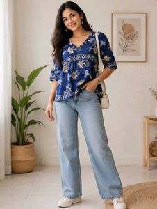 Blue Printed V-Neck Kurta