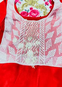 Red &amp; White Chikankari Kurta Set