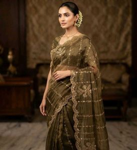 Elegant Olive Green Embroidered Saree