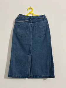 H&amp;M Distressed Denim Midi Skirt with Chain Detail