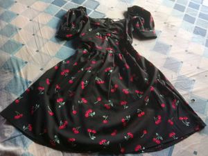 Cute Cherry Print Puff Sleeve Dress (S)