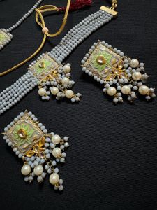 Gold Plated Gray Moti With Minakari Jewellery Set